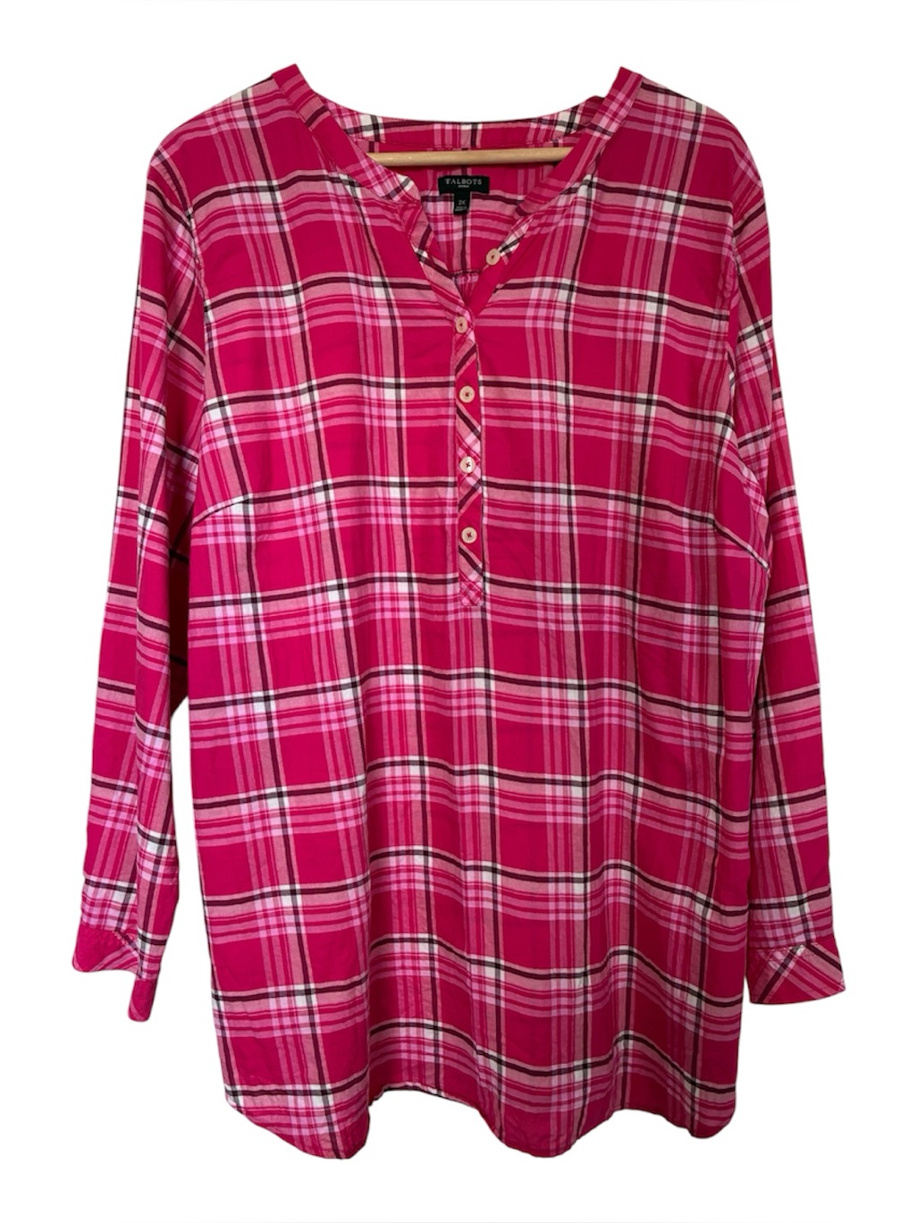 Talbots Top 2x Pink Plaid Long Sleeve Tunic